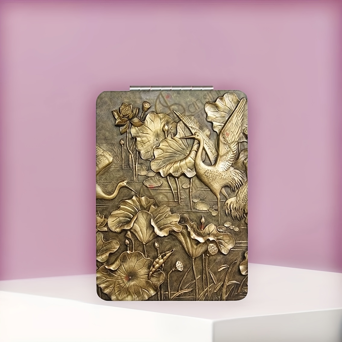 Stylish Rectangular Makeup Mirror with Golden Cranes Design