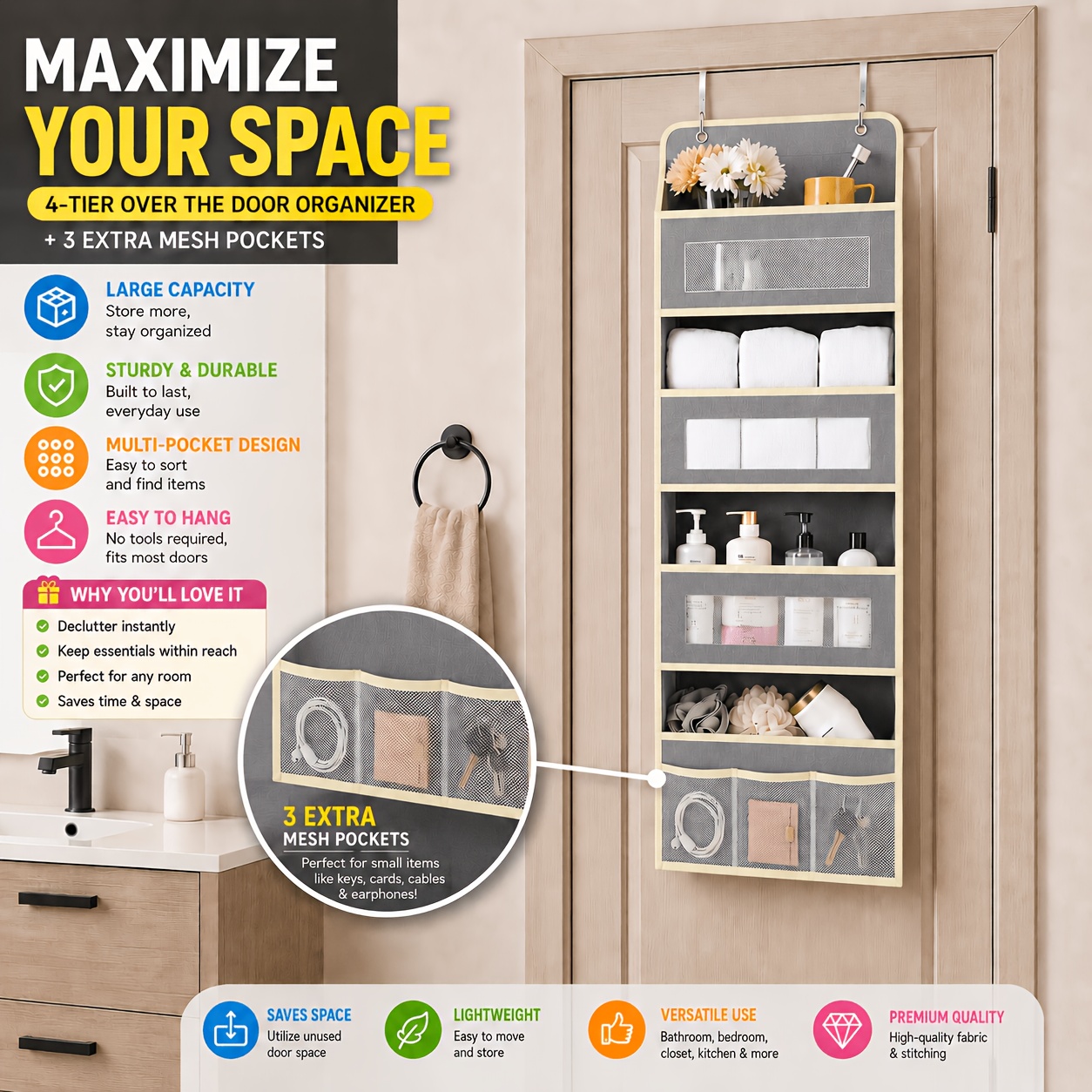 TEMU [Sac Filet Extra] Boîte de Rangement pour Porte, Rangement Suspendu, Tissu Composite Épaissi, Outil de Rangement et d'Organisation, de Place,