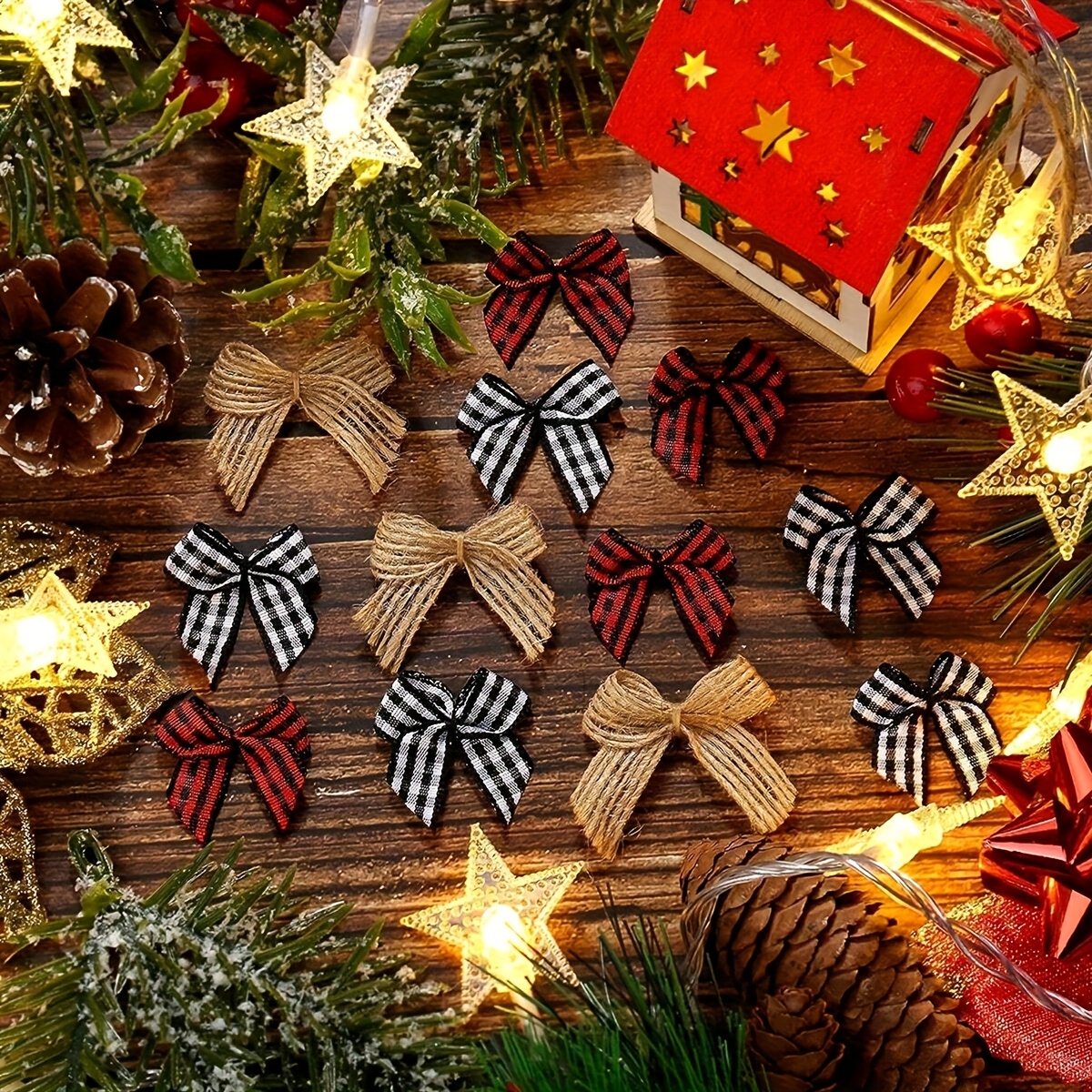 Image of 30pcs Christmas Mini Burlap Bows, Bows, White And Black Checkered Bows, Red And Black Checkered Ribbon Bows, Farmhouse Christmas Decoration Crafts, Home Decoration, Room Decoration, Wall Decoration