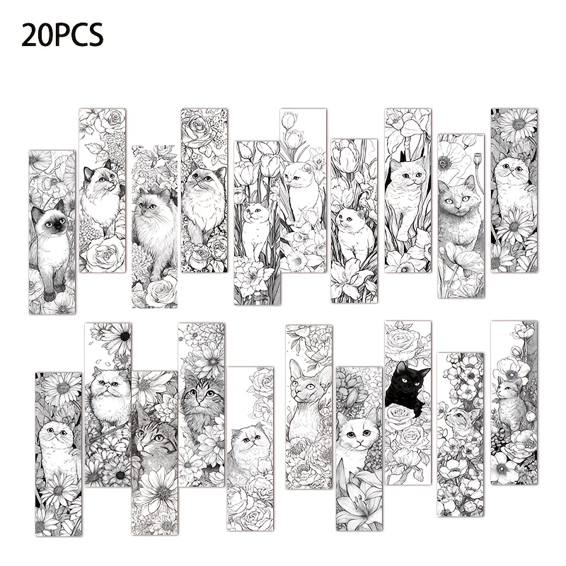 TEMU 20pcs Pack Diy Coloring Bookmarks Suitable For Pet Lovers & , Kitten & Flower Sketch Page Dividers With Diy Coloring Pages, Adorable Gifts For