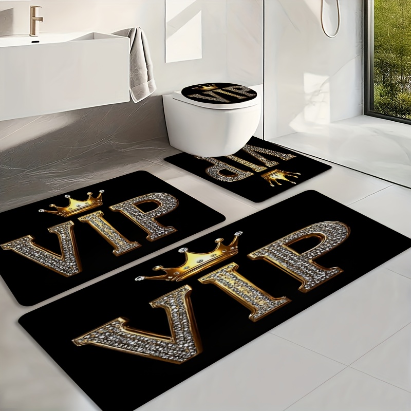 Image of 4pcs Luxury Design Printed Mat Set, Flannel Material With 1.2cm Thick Foam, Perfect For Home Use – Enhance Your Bathroom Experience With Soft Shower Mat, Toilet U-shaped Pad, And Bath Decor