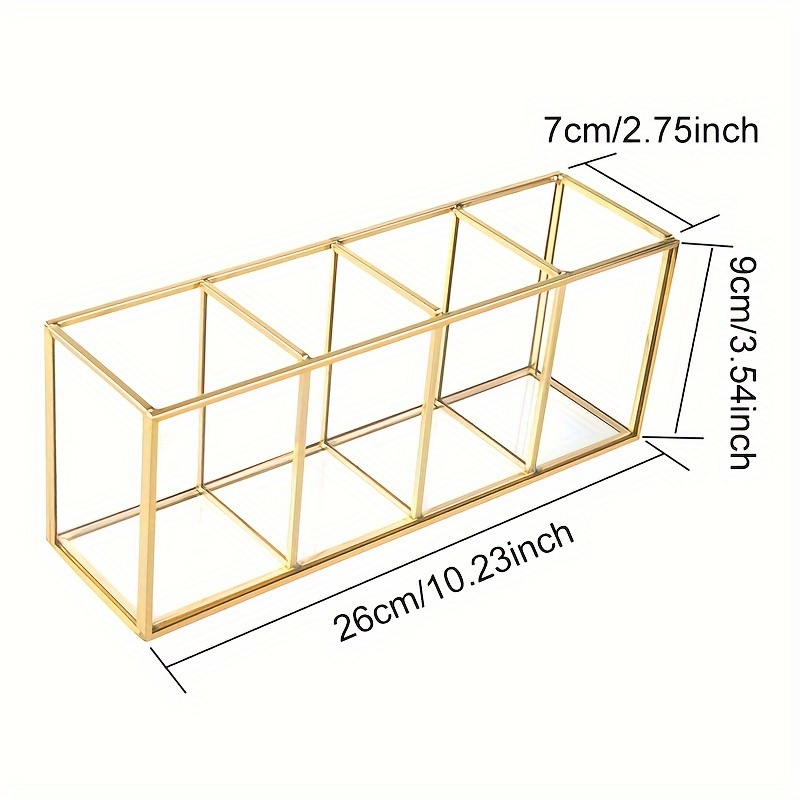 Golden Glass Pencil Holder Desk Organizer With 4 Slots - Polished Finish, Lightweight Design, Multipurpose Storage For Makeup Brushes, Eyeliners, Nail Polish & Office Supplies