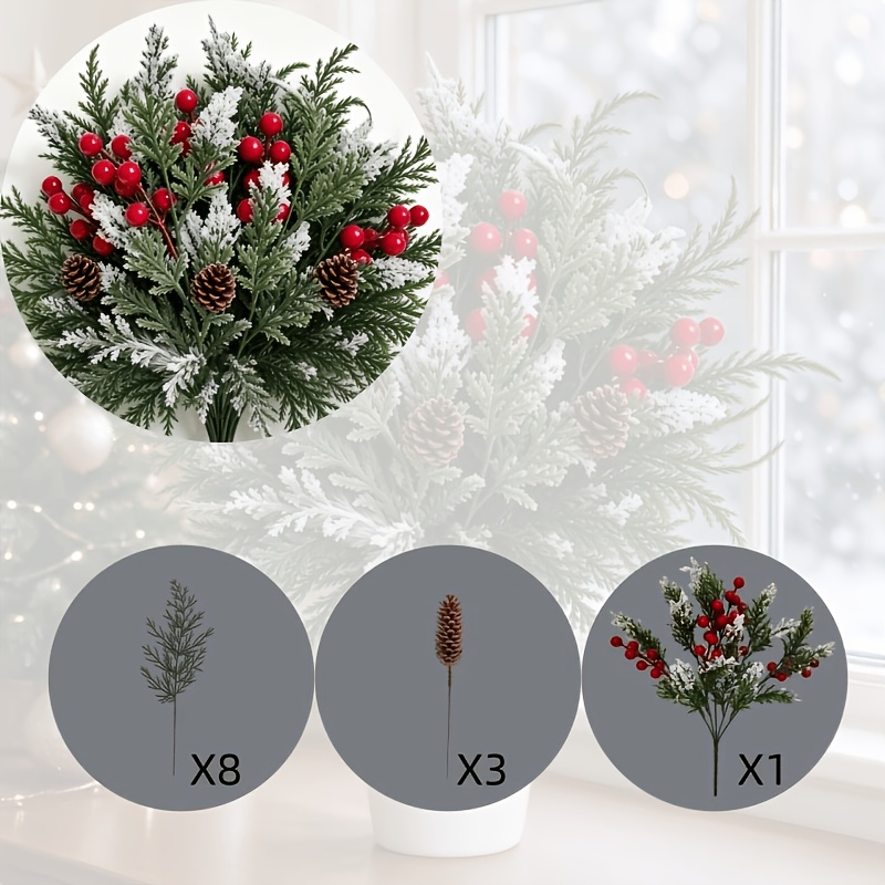 TEMU 12pcs Luxurious Christmas Decor Set - Artificial Pine Needles And Red Berries And Artificial Pine Branches And Pinecones, Suitable For Holiday