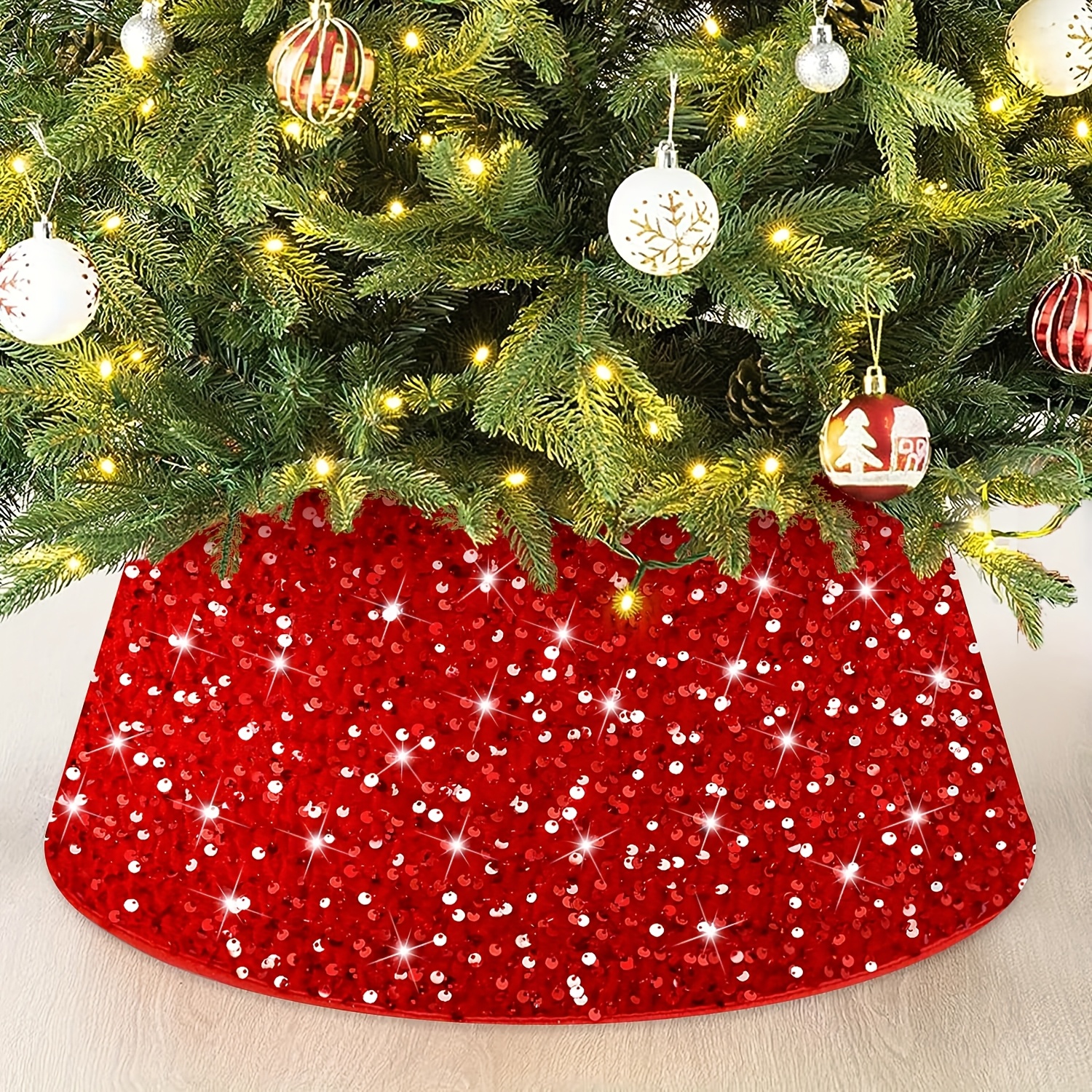 TEMU 1pc Décoration de fond d'arbre de Noël, Tablier d'arbre de Noël doré argenté rouge et blanc, Jupe d'arbre à paillettes de de Noël - Rangement