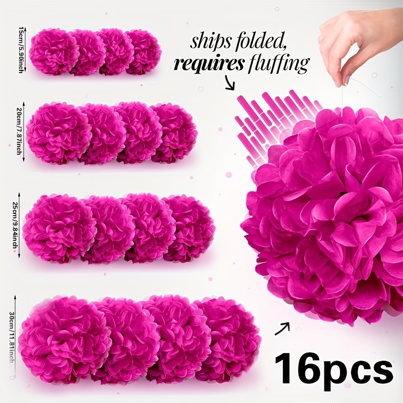 TEMU Vibrant Floral Party Decorations - 16pcs Tissue Paper Pom Poms For Events And Celebrations