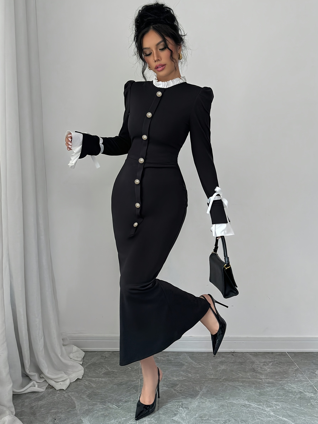 elegant solid color a line dress with round neck long sleeves bow accent     a line dress for weddings parties fall winter events machine washable dress in neutral colors black 5