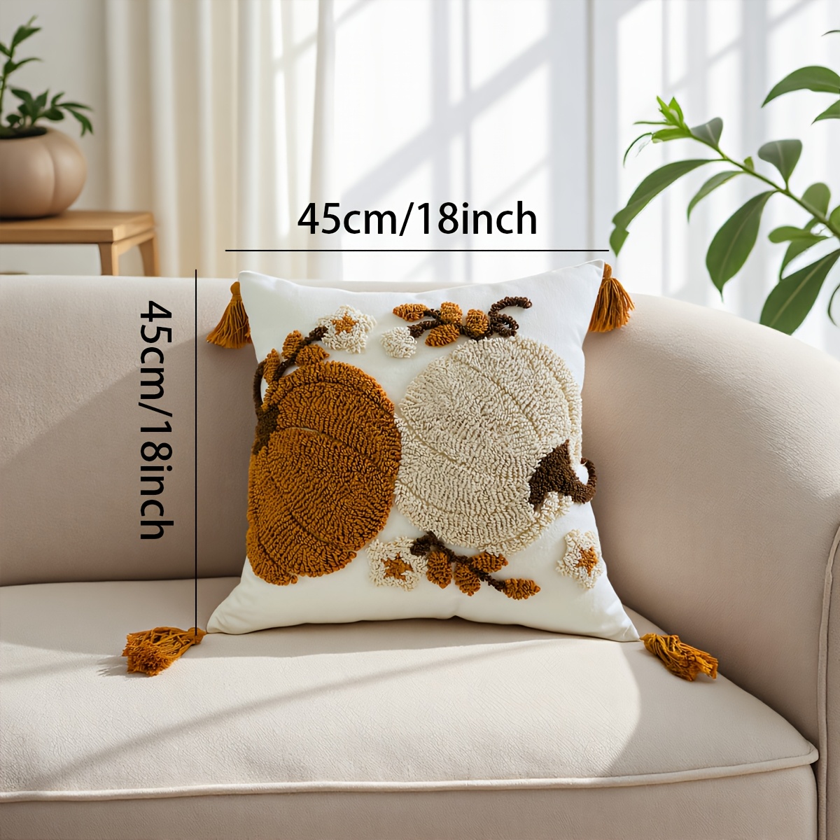 Image of 1pc Handmade Plush Pillowcase, 18 X 18 Inches, With Tassels, Embroidered Cushion Cover, Thanksgiving Halloween Edition Pillowcase, Autumn Style, Holiday Decor, Gift Pillowcase, Pet-friendly