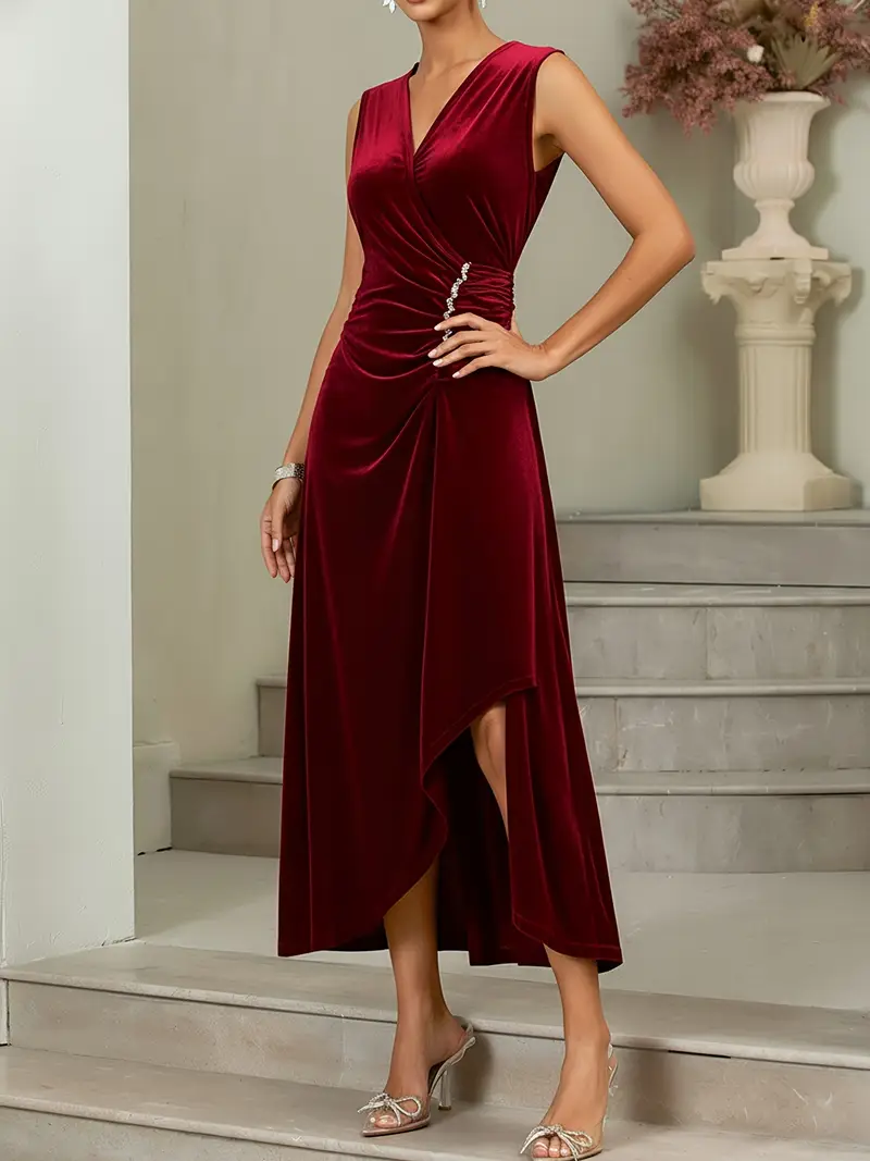 Women' Luxury Velvet * Maxi Dress - Sleeveless V-Neck Bodycon Evening Gown with Asymmetric Slit Suitable for Party, Wedding, Prom, Gala - Elegant Sparkly Dress Women' Luxury Velvet * Maxi Dress - Sleeveless V-Neck Bodycon Evening Gown with Asymmetric Slit Suitable for Party, Wedding, Prom, Gala - Elegant Sparkly Dress