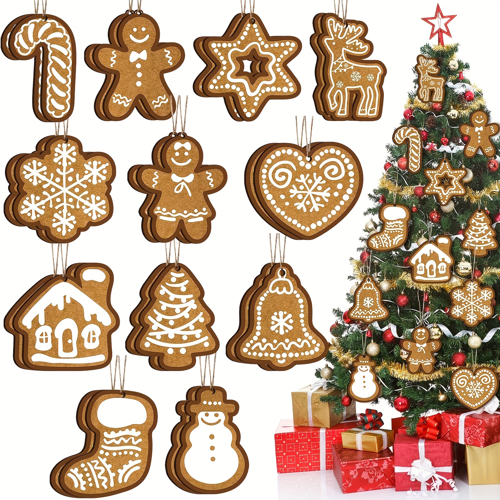 

24pcs, Rustic Christmas Tree Decorations Wooden Christmas Ornaments, Gingerbread Stars Snowflakes Hearts Bells Christmas Tree Snowman Stockings Moose Candy Decorations, Thanksgiving, Halloween