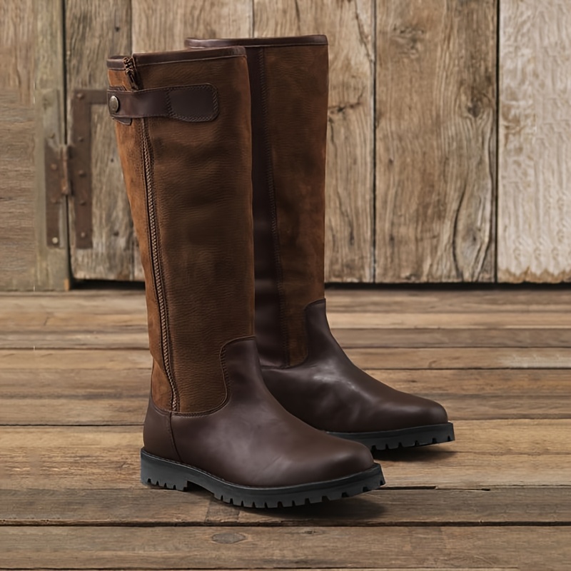 Image of Men' Tone Knee High Riding Boots, Side Zipper Tall Equestrian Boots, Vintage Strap Outdoor Work Western Boots