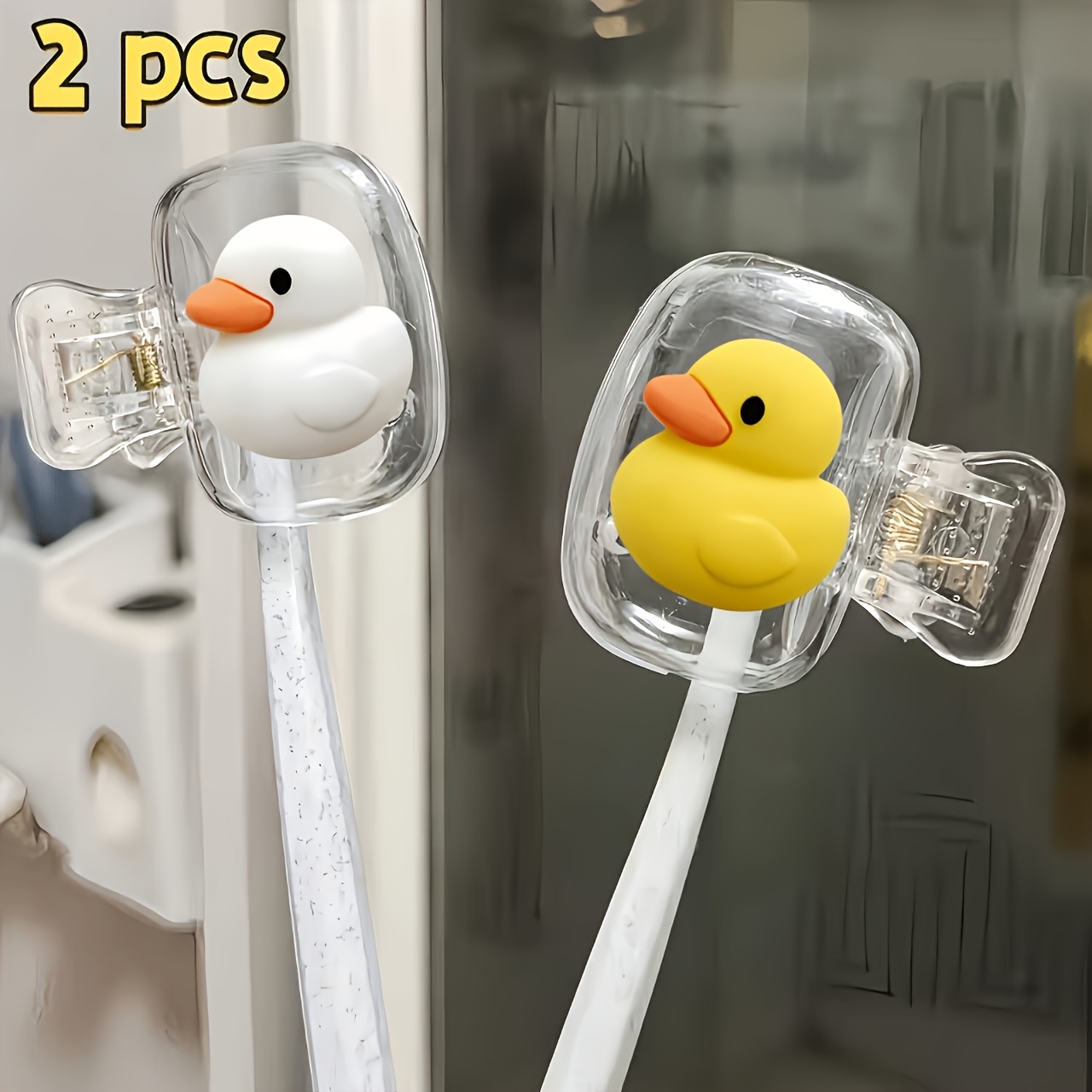 2pcs Yellow And White Duck Pattern Toothbrush Clips Portable Combination Set Home Brush Clip Protective Case, Suitable for Home And Travel Use Travel Brush Clip Cute Clip Storage Clip, Home Organization, Travel Essentials, Cute Design