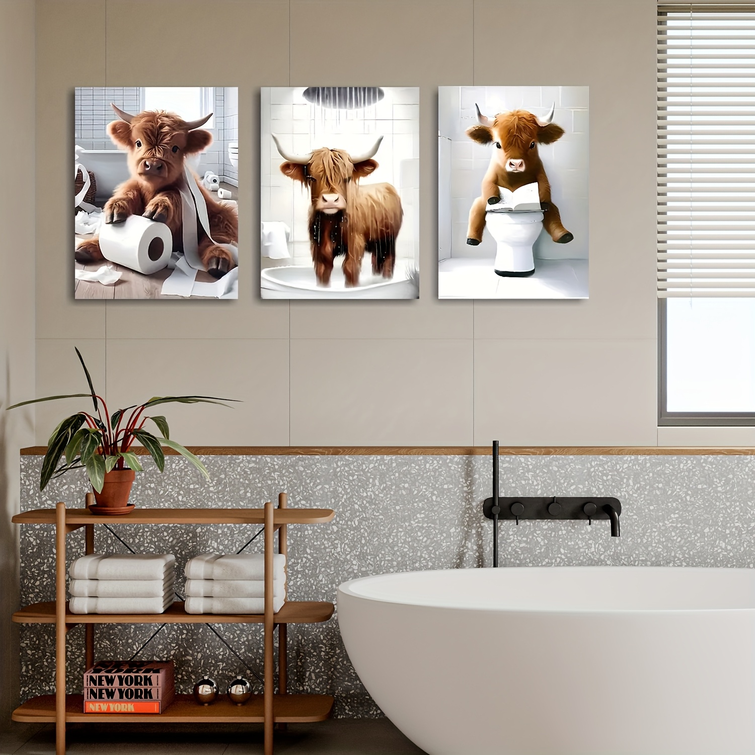 

3pcs Canvas , Scottish Highland Cow Prints, Funny Bathroom Art, Farm Animal Humor Canvas Artwork, Perfect Gift For Highland , Animal Wall Decor For Home