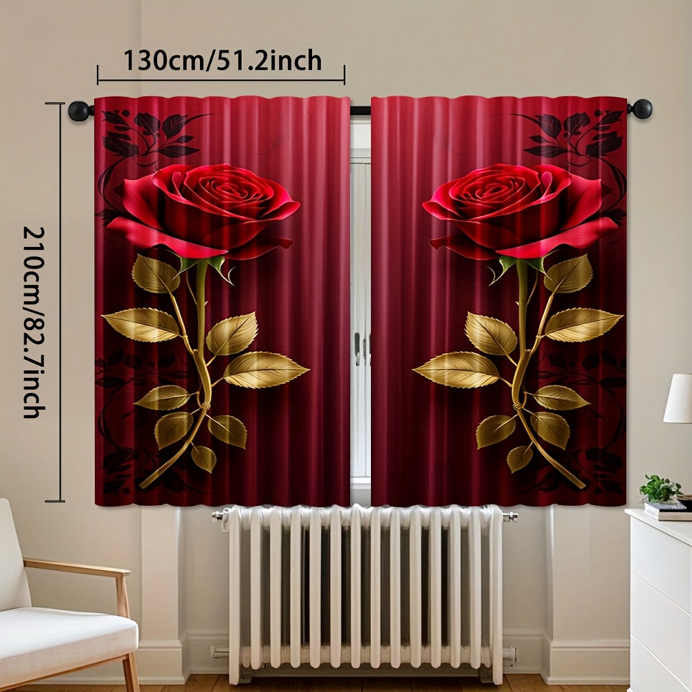 TEMU 2pcs, Xquisite Rose Print Curtains Polyester Rod Light Filtering For Bedroom Living Room Office Elegant Decoration Machine Washable