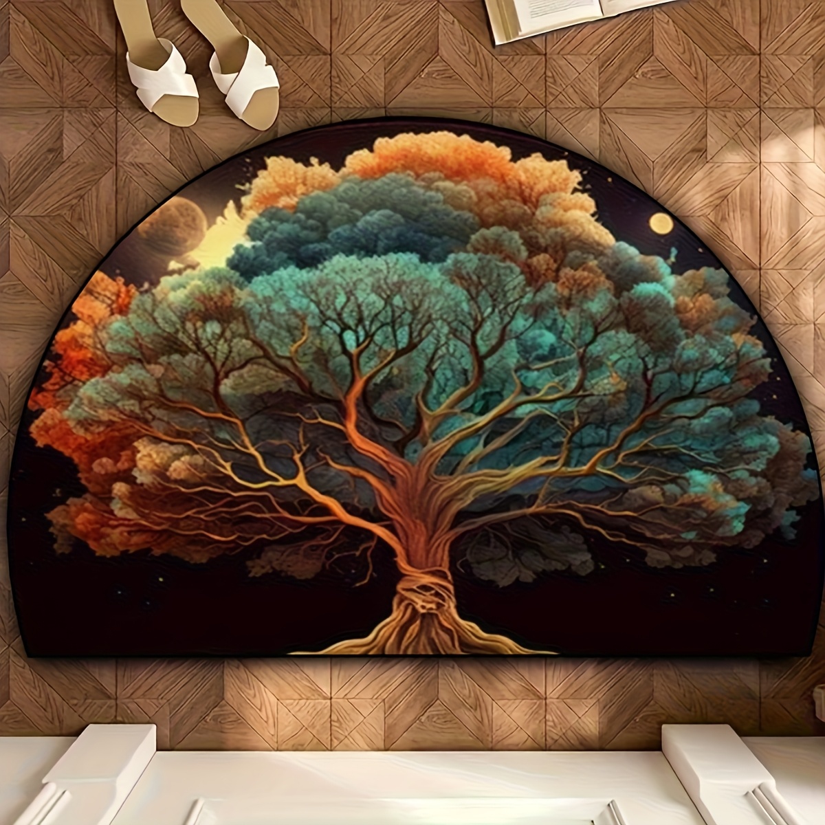 TEMU 1pc 2d Flat Printed Flannel Material Door Mat, Outdoor Courtyard Door Mat, 1pc 2d Flat Printed Tree Of Semicircular Doormat, Washable, Suitable