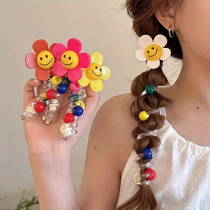 

4pcs Elegant Cute Plastic Smile Flower Telephone Cord Hair Ties, Spiral Scrunchie Set For Women And Teens - Mixed Color Flower-shaped Bubble Braid Creators With Telephone Wire Hair Bands