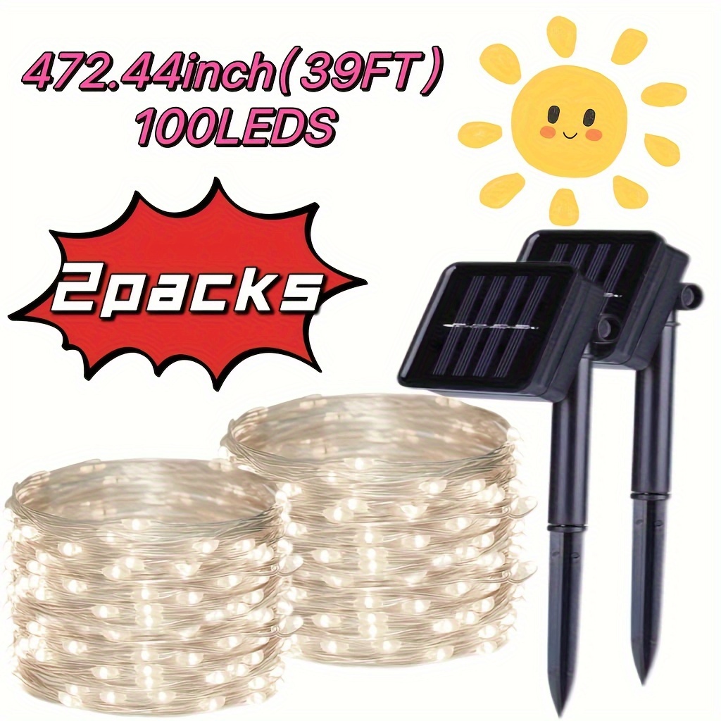 TEMU 2 Pack Solar Powered Copper Wire String Lights Outdoor(120led), 9 Fairy Lights For Garden, Patio, Party, Yard, Christmas, 120led, Ip54