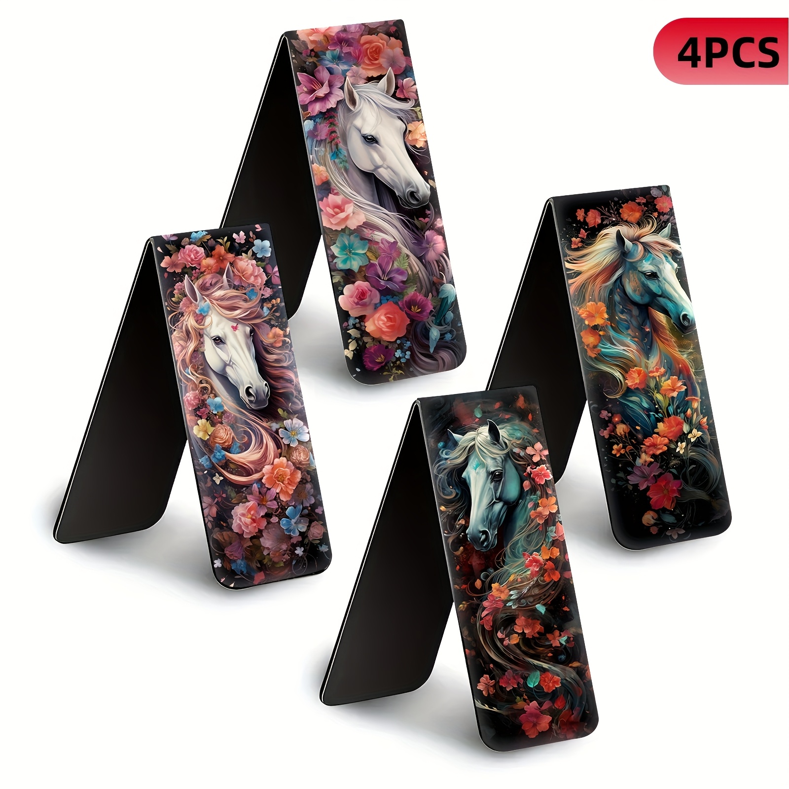 Set Of 4 Magnetic Bookmarks | Foldable Page Clips | Romantic And Fantasy Style Horse And Floral Bookmarks | High-definition Color Printing, And Durable | Suitable For Books, Planners
