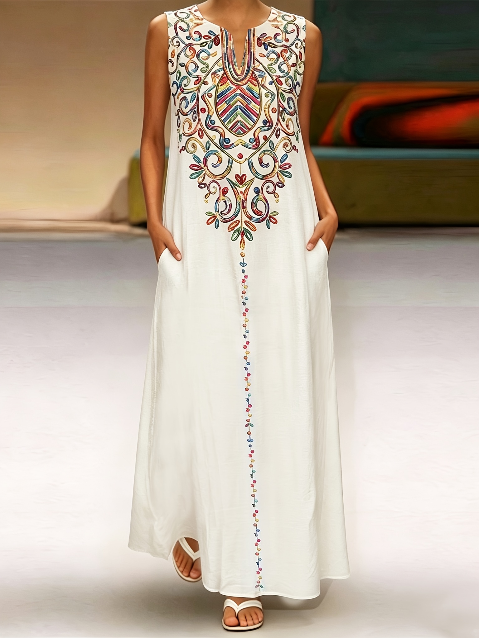 Women Bohemian Maxi Dress with V-Neck & Pockets - Sleeveless A-Line Beach Dress Suitable for Weddings, Vacations, Casual Outfits, Petal Print Maxi Dress, Elegant Style for Wear