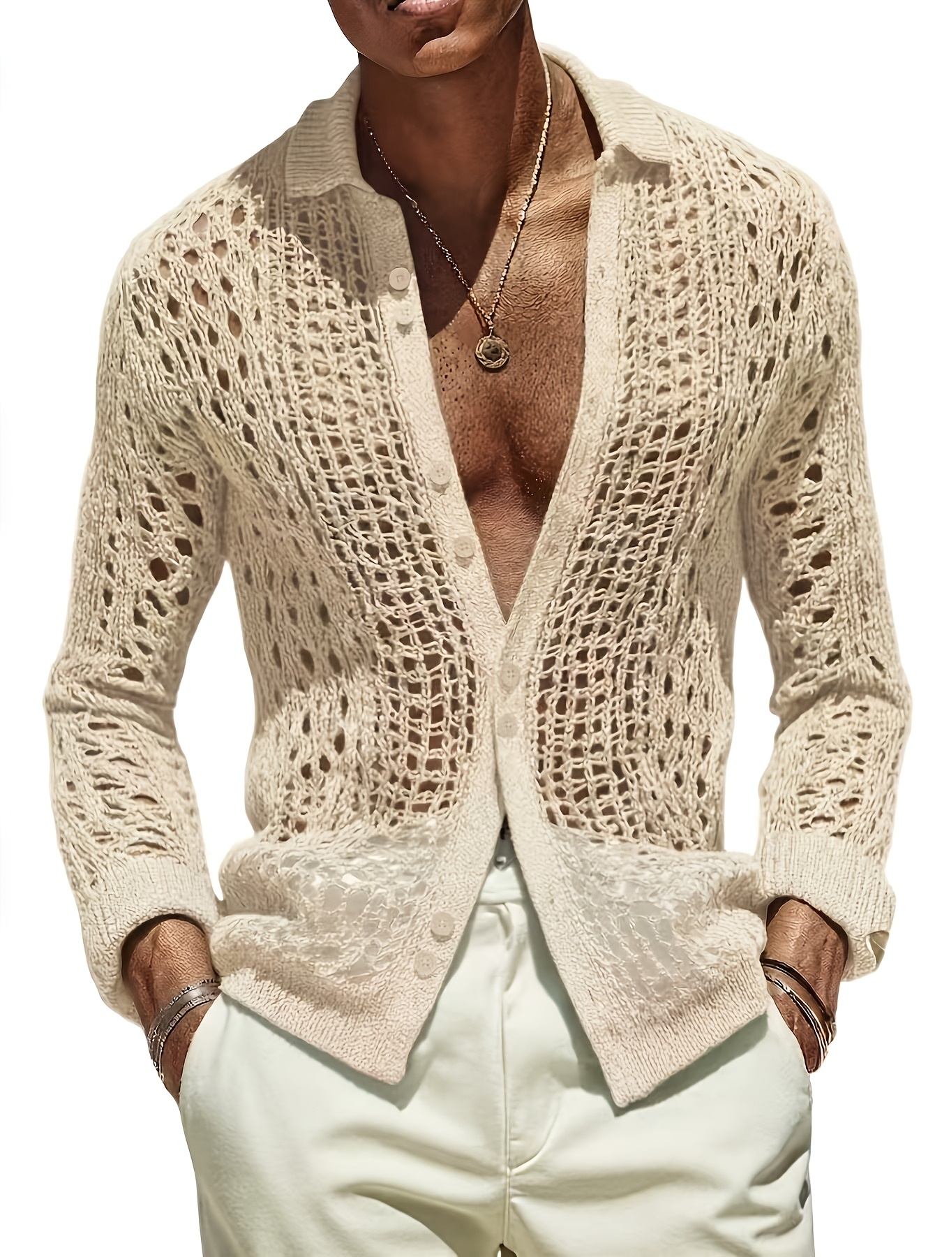 Men's Knitwear, Bean Green Hollow-out Knit Cardigan, Lapel & Single-breasted Design, Breathable & Casual, with a Relaxed Vacation Vibe