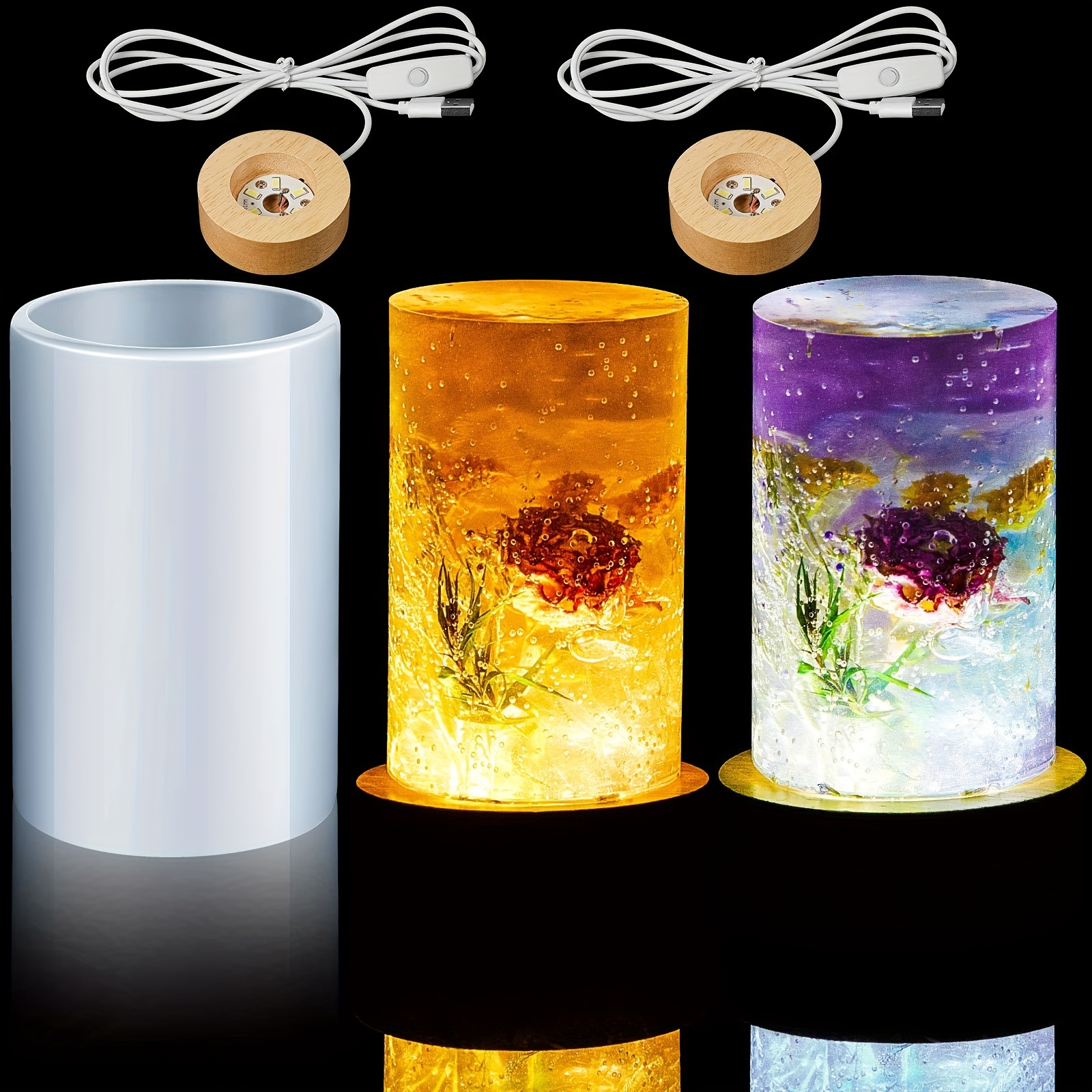 

3pcs Resin Cylindrical Lamp Making Set, Includes Cylindrical Lamp Silicone Mold And Usb Powered Wood Lamp Base Holder Diy Desktop Ornament Table Candle Home Decoration