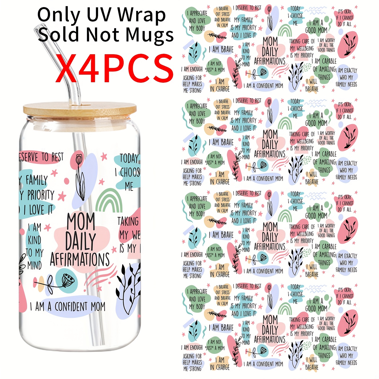 TEMU 4pcs Daily Quotes Uv Dtf Sticker Set - High Quality And Scratch-resistant Stickers, Beverage Stickers, Suitable For Mugs, Water Bottles, 16oz