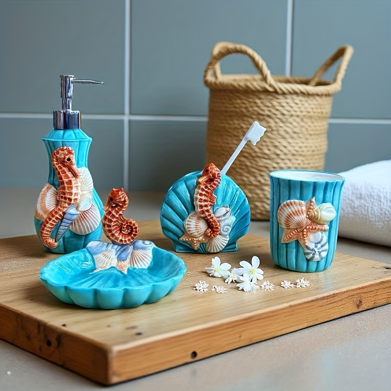 ceramic bathroom accessories set 4pcs 3d floating seahorse - Temu