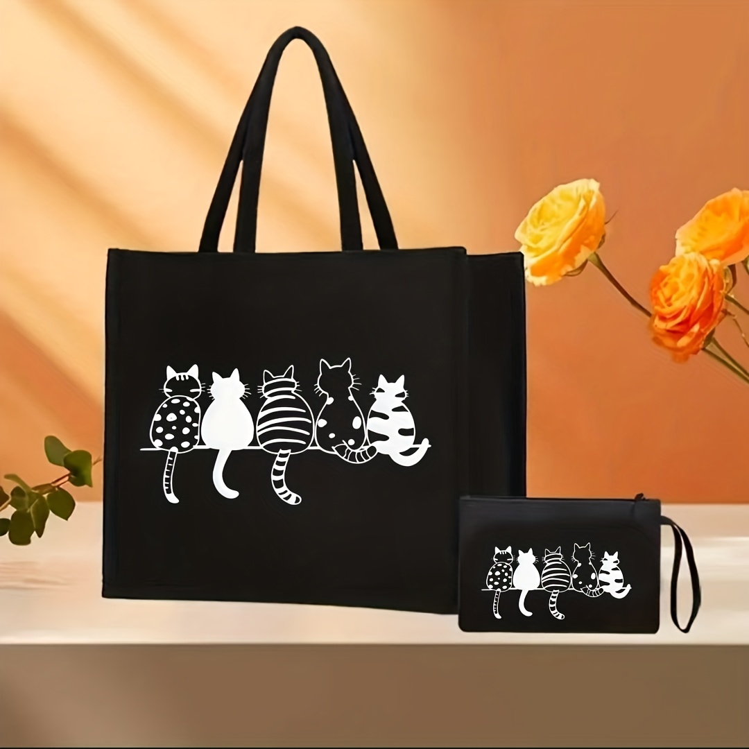 E-shop Damen Handtaschen Set - 2 Schultertaschen mit 5 Linien und Katzenmusterdruck, geeignet für Freizeitaktivitäten und Shopping, hochwertige