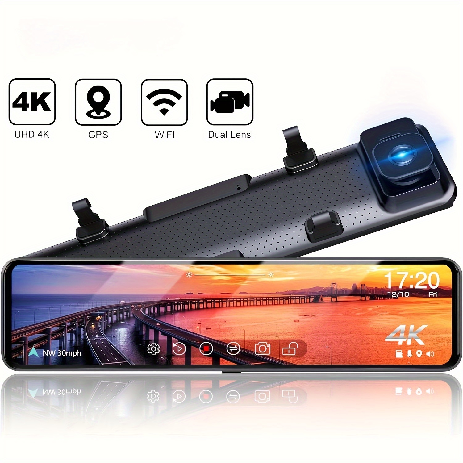 11.26-inch Wifi And GPS Mirror 4K Front Camera, Front And Rear Dashcam, 1080P Rear Camera