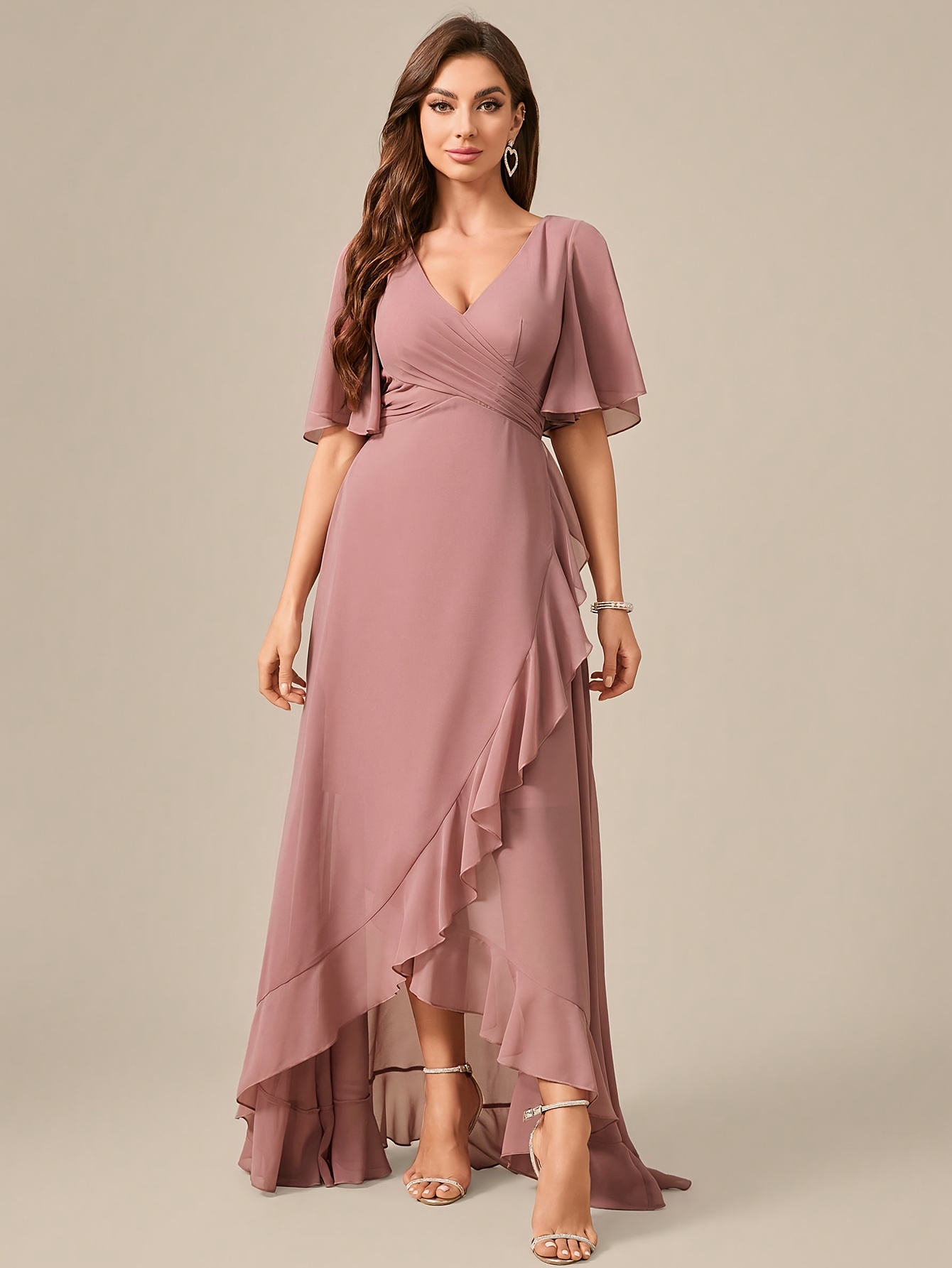 elegant womens v neck short sleeve chiffon dress chest