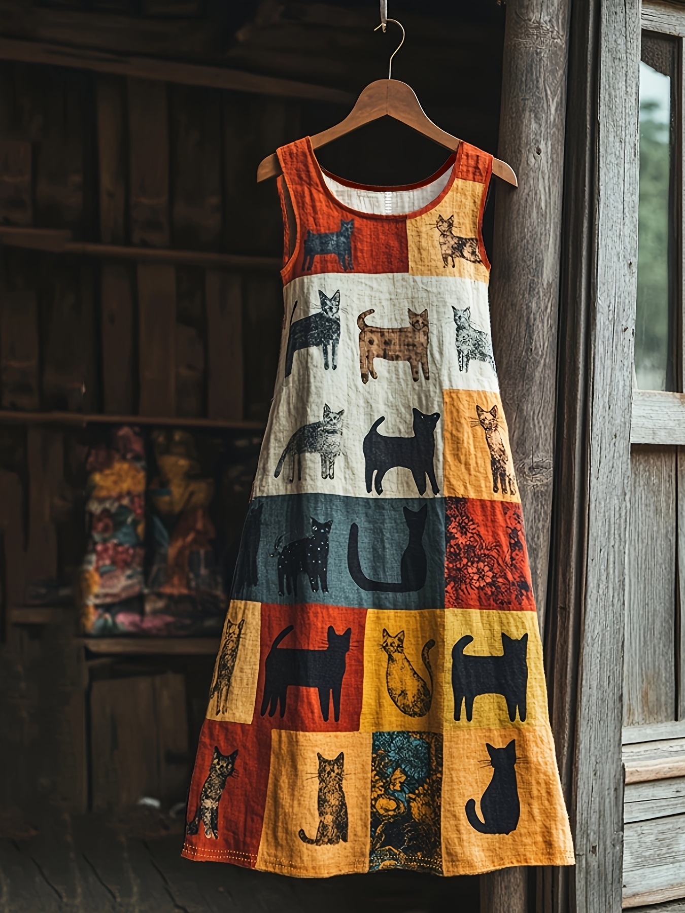 Plus Size - Plus Size - 1* Size Women'S Retro Color-* Cat-Print Dress |  Sleeveless, Loose-Fit, Crew Neck, Medium Stretch Fabric, Animal Pattern *  Vacation *-Length Dress for Spring/Summer