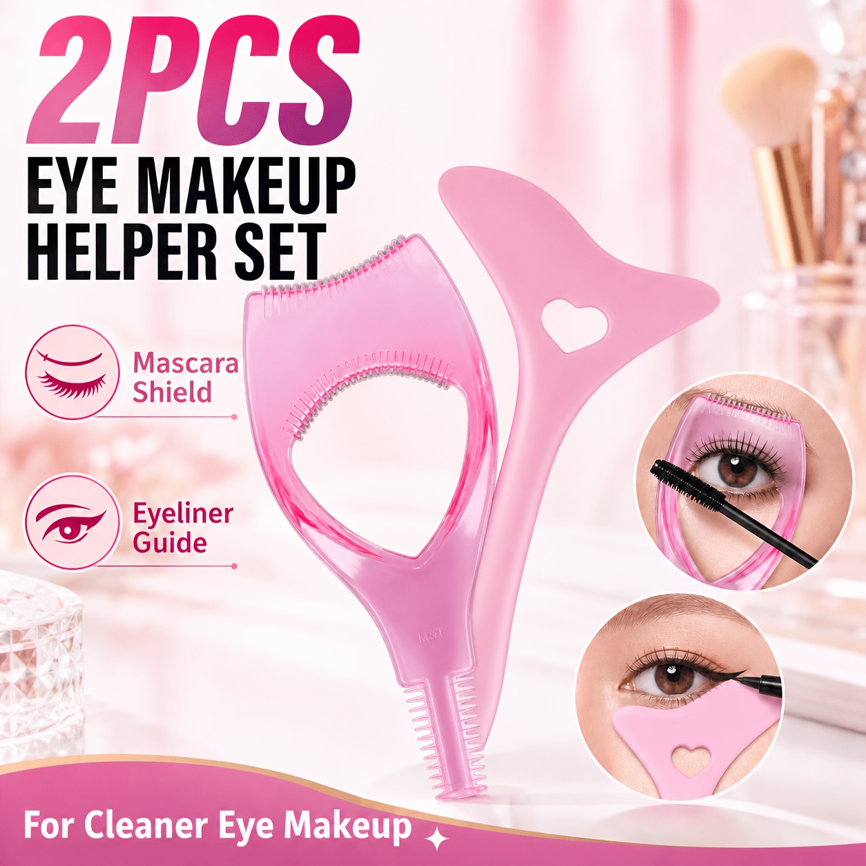 TEMU 2pcs Pink Eye Makeup Tool Set, Eyeliner Guide Helper & Mascara Shield, Grooming Tool For , Touch Up, Travel Cosmetic Bag