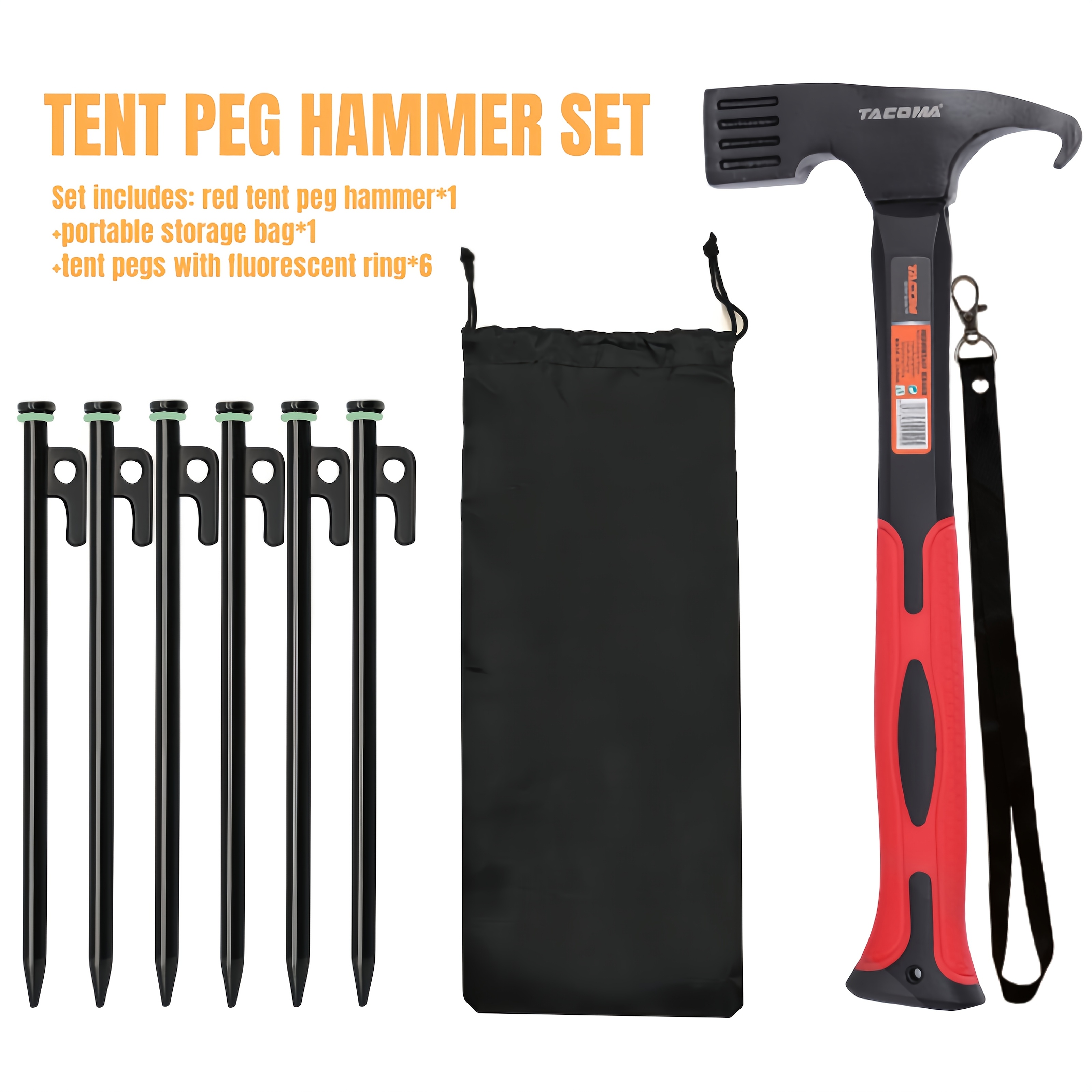 E-shop Zeltpflöcke/Zeltpflockhammer/Camping-Hammer Zeltpflock-Set, langlebiger Kopf mit rostfreier Pulverbeschichtung, rutschfester, stoßdämpfender