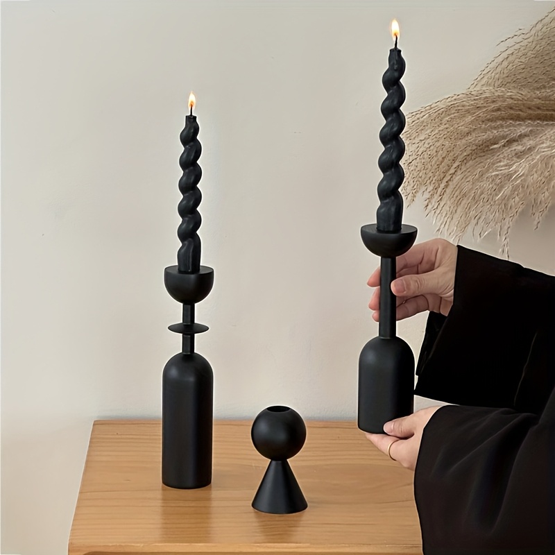 Image of A Set Of 3, Elegant And Romantic Black Wooden Candlestick - , , Perfect For Table Decoration Room, Bedroom Or Office, Suitable For Candlestick Decoration For Christmas, Halloween, Thanksgiving