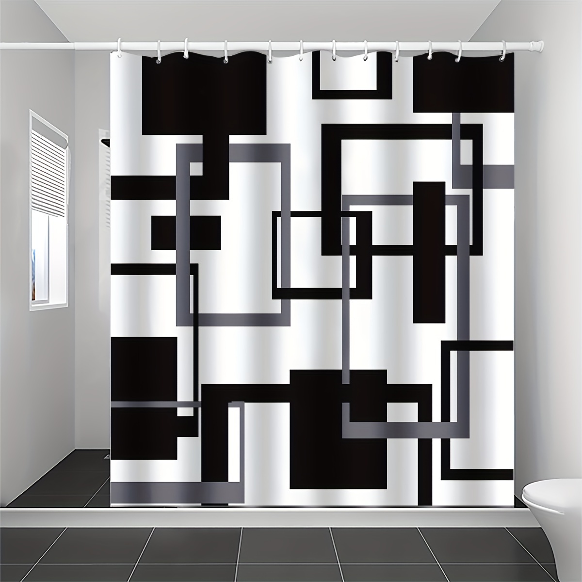 

1pc Geometric Stripes Black Gray Printed, Bathroom Waterproof Partition Hanging Curtain 71"x71