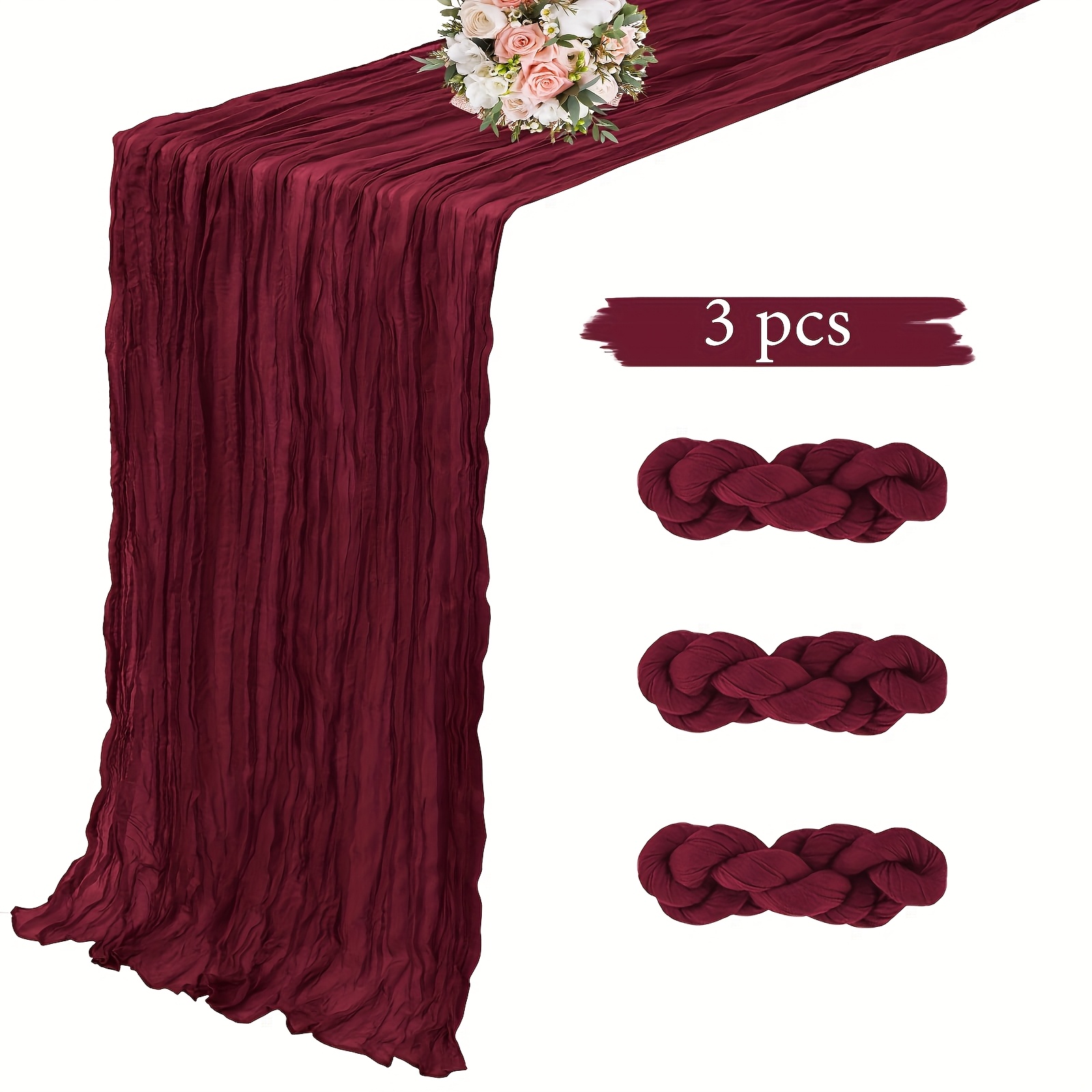 Image of 3 Burgundy Twisted Ball Yarn Table Runners, Bohemian Cheesecloth Semi-sheer Napkins, Suitable For Wedding Decorations, Bridal Showers, Birthday Parties, And Dining Tables