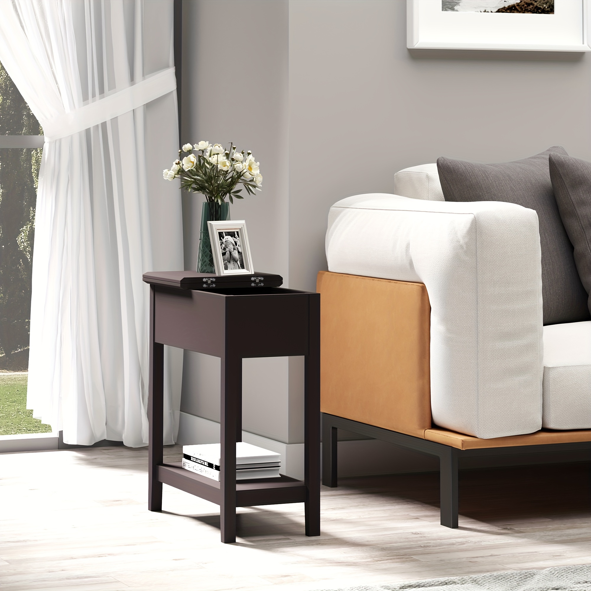 TEMU Table d'appoint à plateau relevable, table d'appoint avec étagère de rangement, table de chevet étroite pour espaces dans , à coucher, 22.2" x