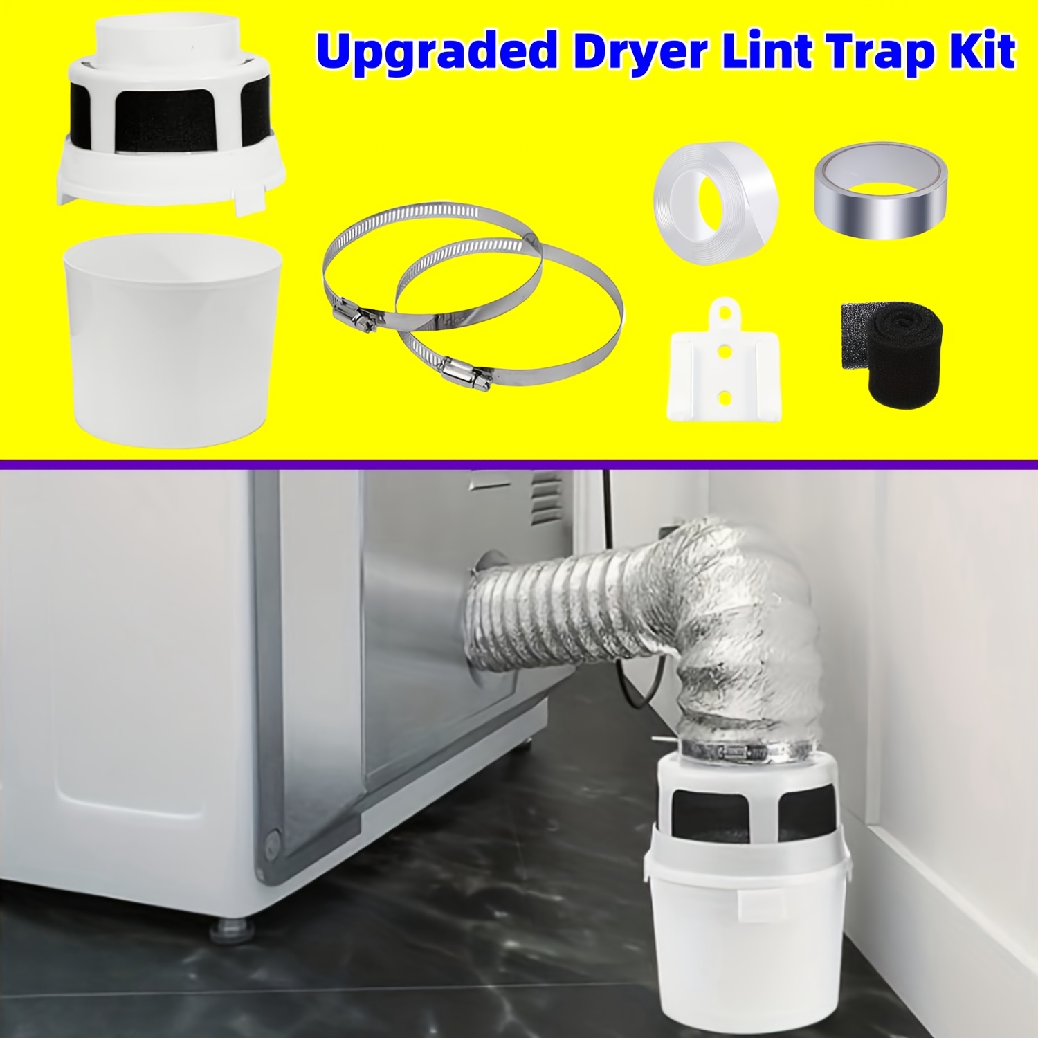 

4-inch Premium Upgraded Dryer Lint Trap Kit - Safety, Ind oor Venting With Filter Sponge Bucket & Flexible Foil Tubing For And Maintenance