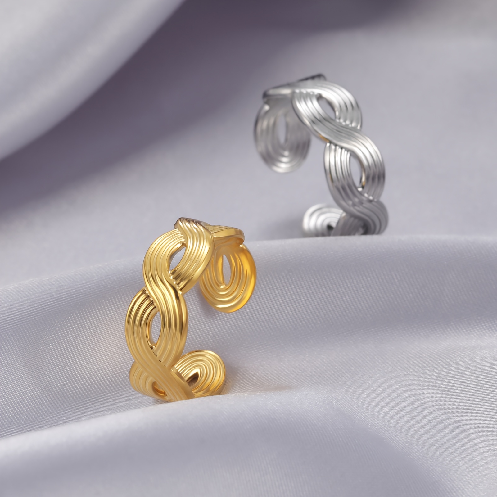 Women's Minimalist Stainless Steel Open Ring, Flat Braid Style