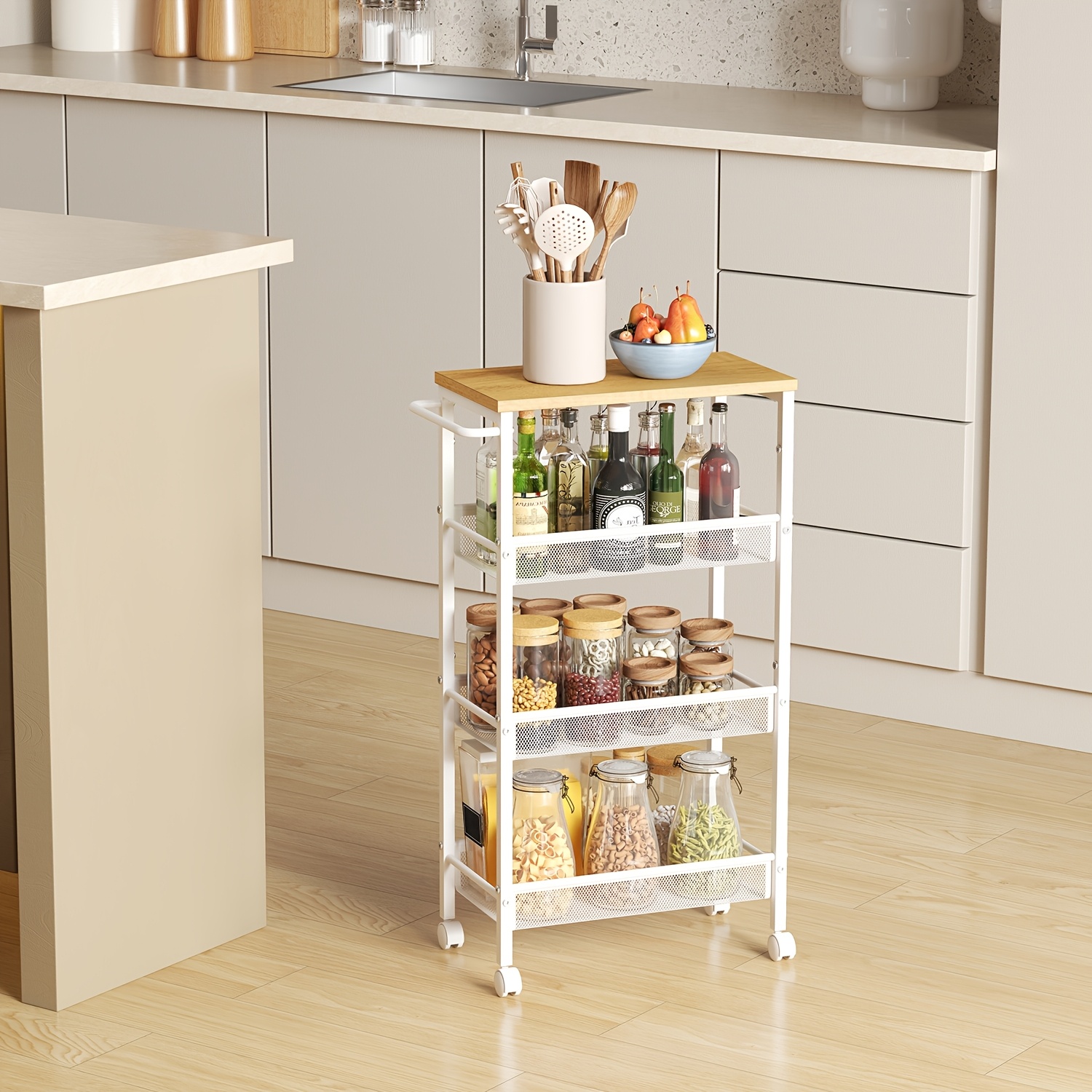 TEMU Cart On Wheels, 4-shelf Design, Metal Frame, With Handle, Ideal For Spaces, Suitable For Bathroom, Living Room, Or Study, In Beige Oak And White