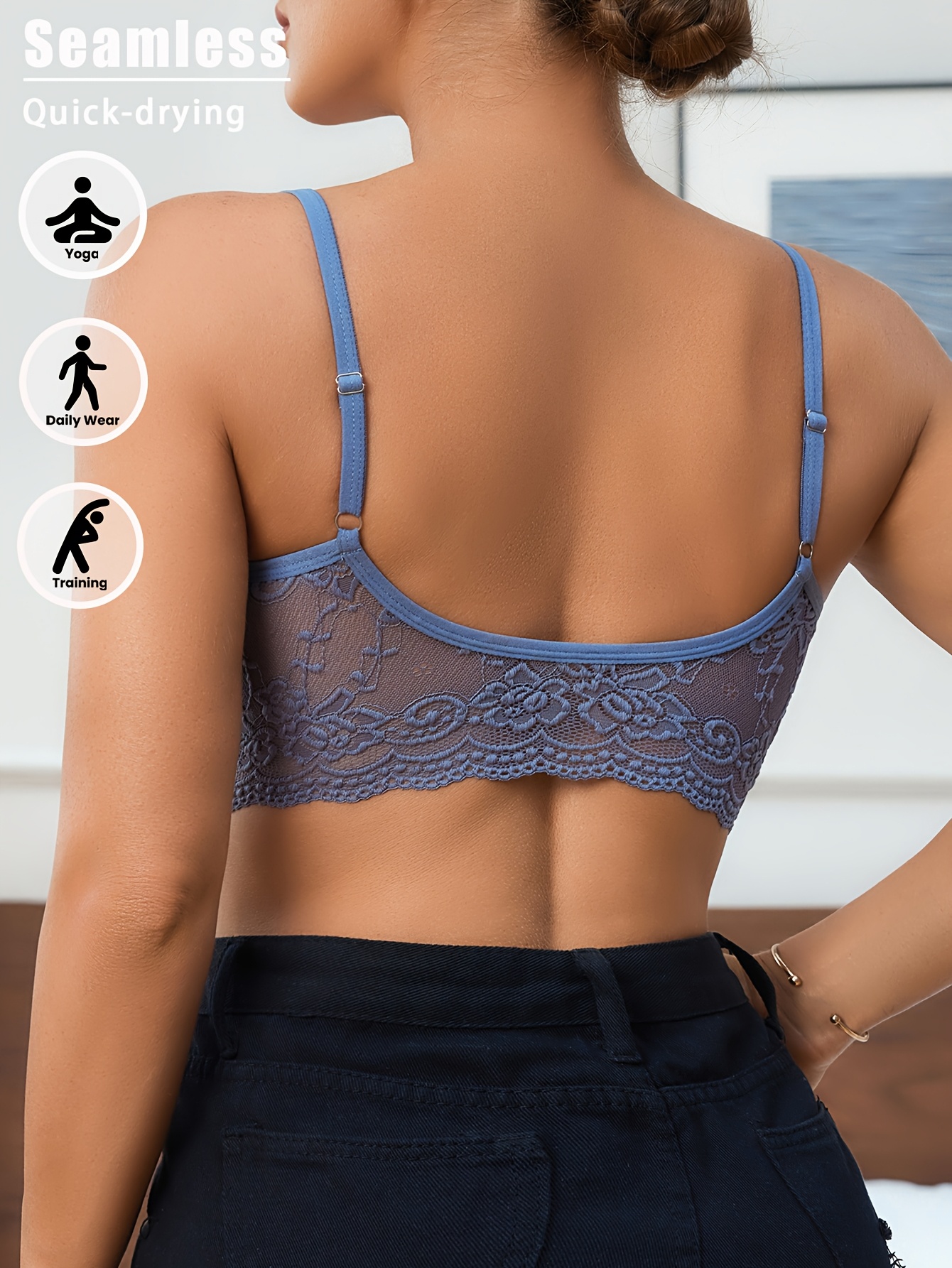 1pc Seamless Lace Sports Bra for Women - Stretchy, Adjustable Straps, Removable Pads, Breathable Mesh & Floral Lace Design, Light Blue, Perfect for Workouts & Casual Wear, Adjustable Sports Bra | Comfortable Fit | Delicate Lace Detail