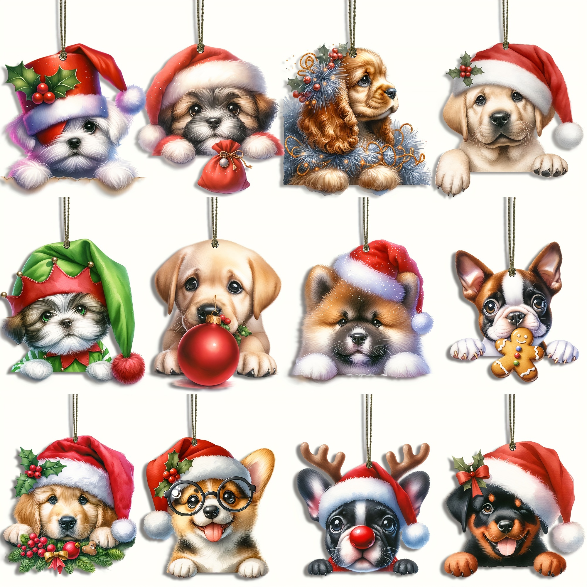 

12-pack Christmas Cute Puppy Wooden Ornaments Set - Dog Christmas Tree Hangings For Decor, Perfect Indoor Celebrations, Wood Craft Decorations For Seasonal Gifting