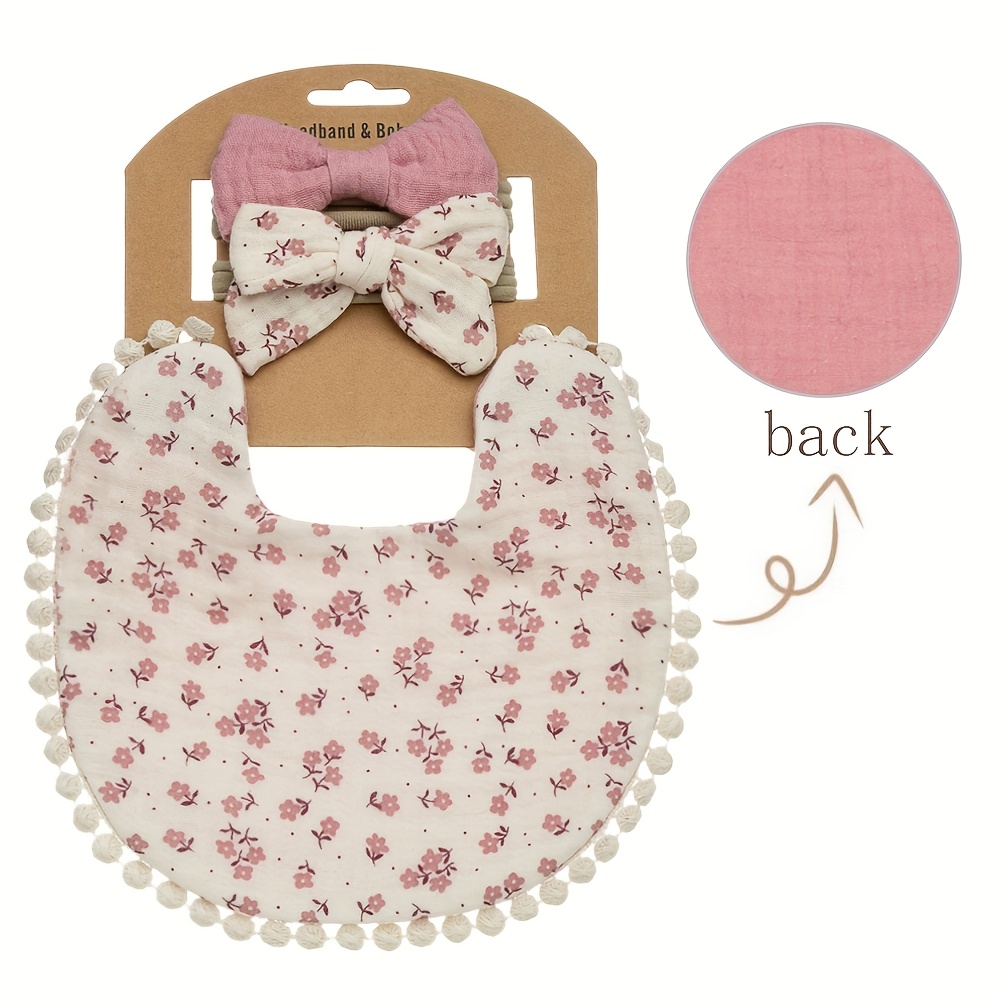 Image of New Set Of Drool Bibs With Headbands Featuring Bows, Made Of Fabric With Layered Ties, Suitable For Babies, Including Nylon Headbands And Double-sided Newborn Bibs, Perfect For Baby Essentials