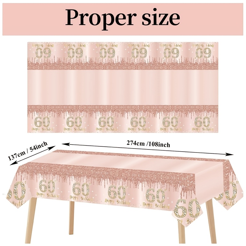 TEMU 1-pack Pink Rose Golden Happy 60th Birthday Tablecloth Party Supplies, 60th Birthday Disposable Plastic Rectangular Tablecloth Decoration