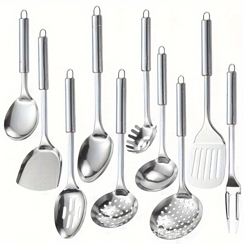 

10-piece Stainless Steel Kitchen Utensil Set, Food-safe, Includes Spoons, Spatulas, Forks, And Strainer - Perfect For Home And Restaurant Use, Complete Cooking Tool Gift Set
