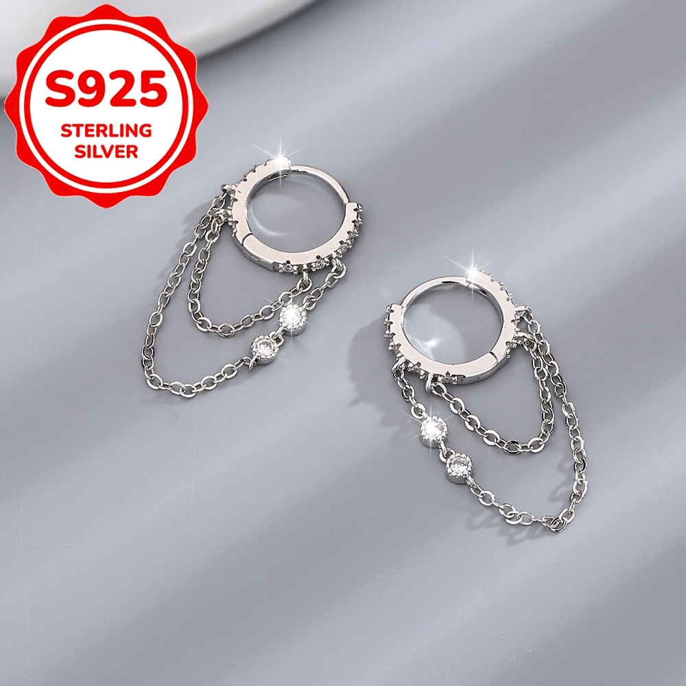 TEMU 2pcs Women's Fashion Statement Earrings S925 Pure Silver Exquisite Synthetic Zirconia Tassel Earrings Fashion Temperament Circle Double Layer