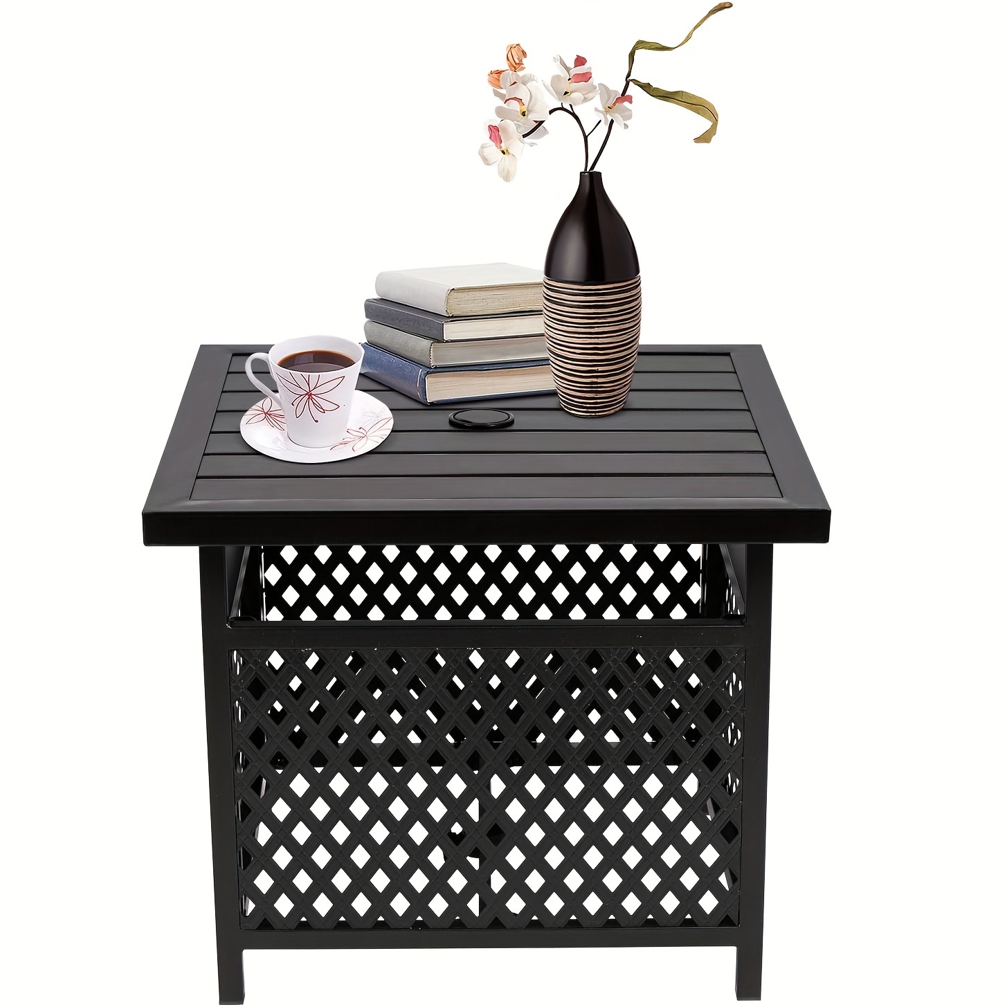 

Outdoor Side Table Patio Metal Bistro Square Table With 1.57" Umbrella Hole, Black