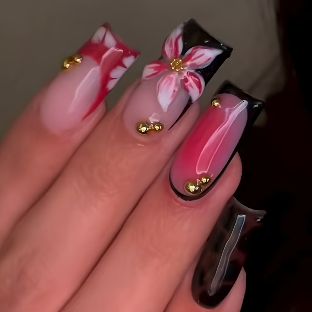 E-shop Mittel-Lange Quadratische Rüstung - 3D Dreidimensionale Blumen Leopard Print Rouge Design -On Nagelkunst Fertigprodukt Abnehmbare Falsche Nägel