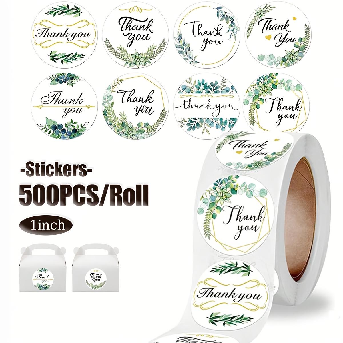 TEMU 500pcs par rouleau d'autocollants de remerciement verts avec de feuilles, adaptés aux étiquettes d'emballage de cadeaux pour mariages, fêtes et
