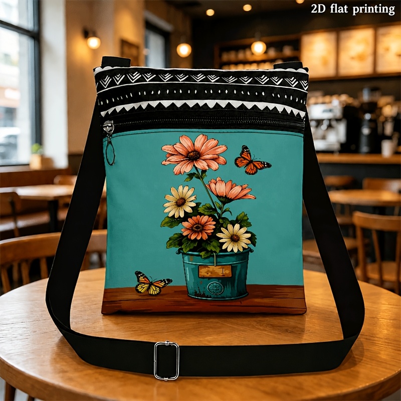 TEMU Sac bandoulière plat 2D 1 pièce, convient aux hommes et aux femmes, avec bretelles réglables et fermeture à glissière, imprimé vintage floral en