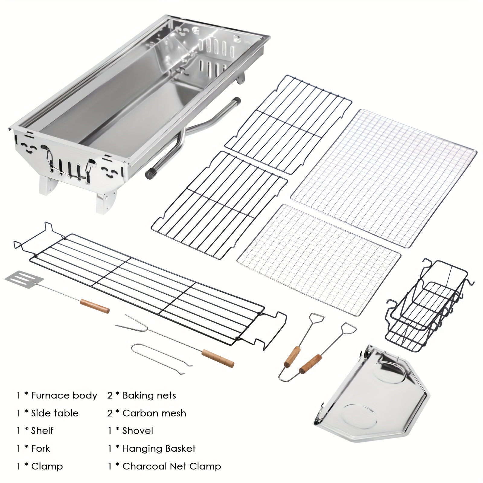 [Portable | Stainless Steel] Portable Stainless Steel Folding Barbecue Grill | Comes With A Barbecue Tool Set, Including Forks, Shovels, And Tongs | The Large Charcoal Grill Features Side Tables And A Condiment Storage Basket, Ideal For Outdoor Cooking, Camping, And Picnics